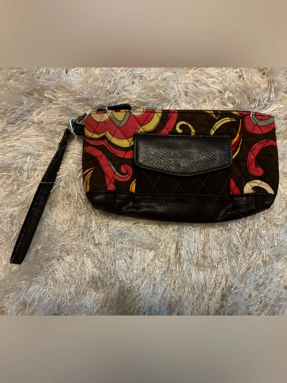 Vera Bradley Espresso Quilted Wristlet with Pink, Red & Yellow Floral Panels